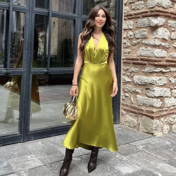 Zara Dresses & Skirts - NWT Zara green halter satin midi dress